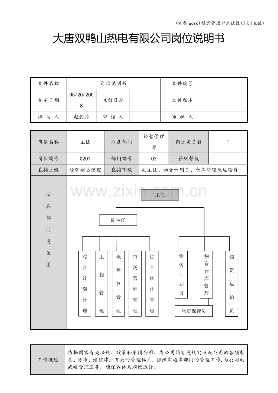 经营管理部岗位说明书(主任).doc_第1页