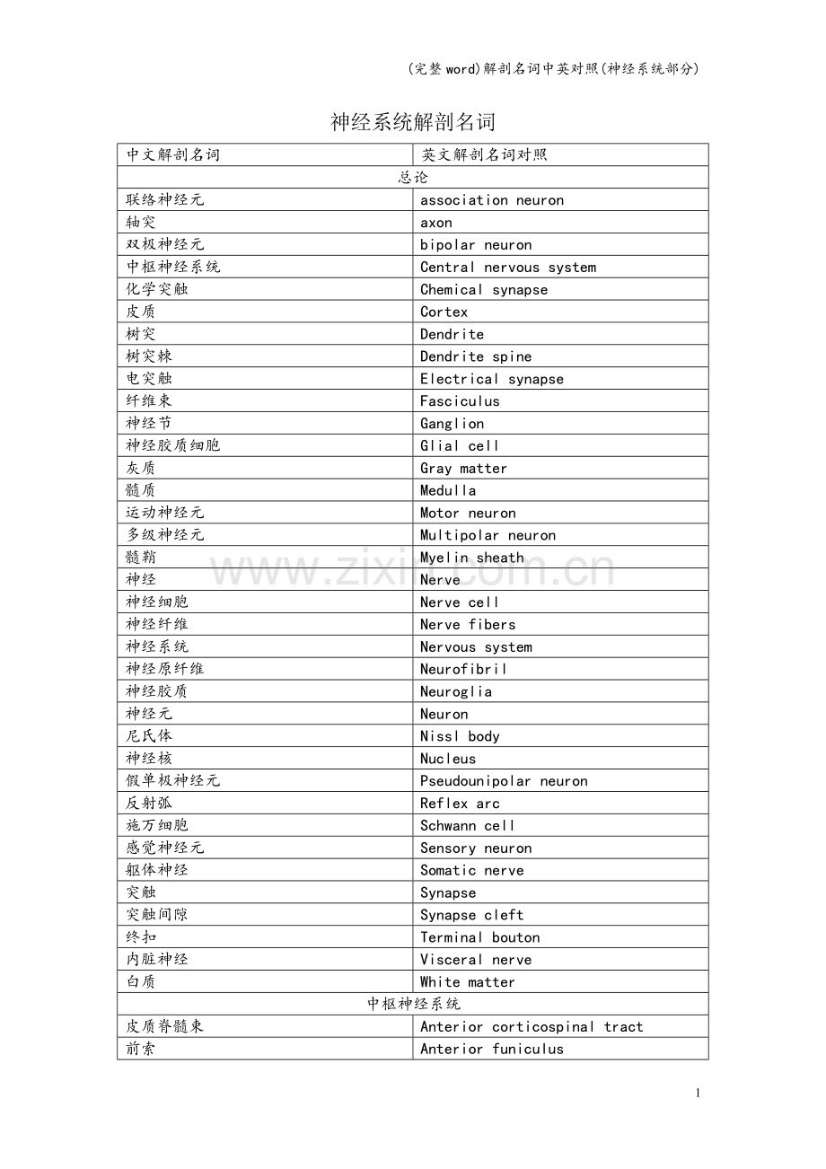 解剖名词中英对照(神经系统部分).doc_第1页