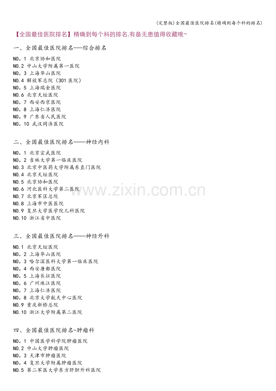 全国最佳医院排名(精确到每个科的排名).doc_第1页
