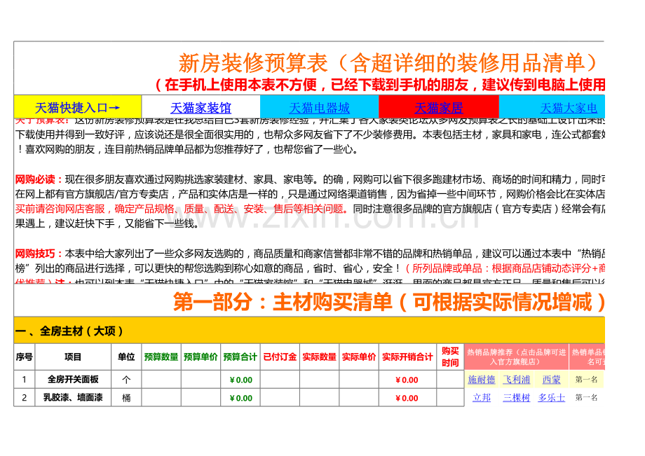 新房装修预算表-含的装修用品清单.xls_第1页
