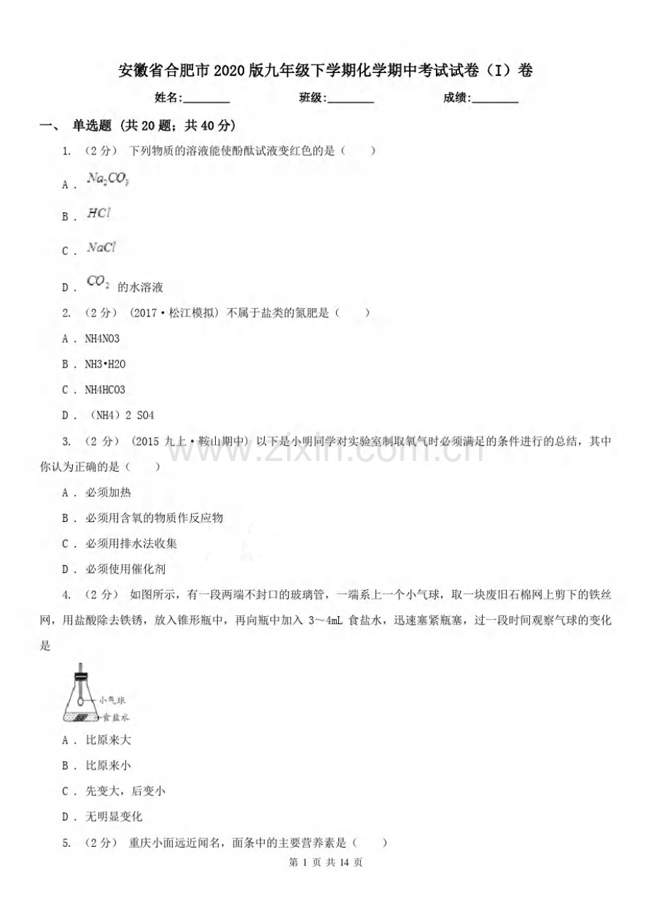 安徽省合肥市2020版九年级下学期化学期中考试试卷(I)卷.pdf_第1页