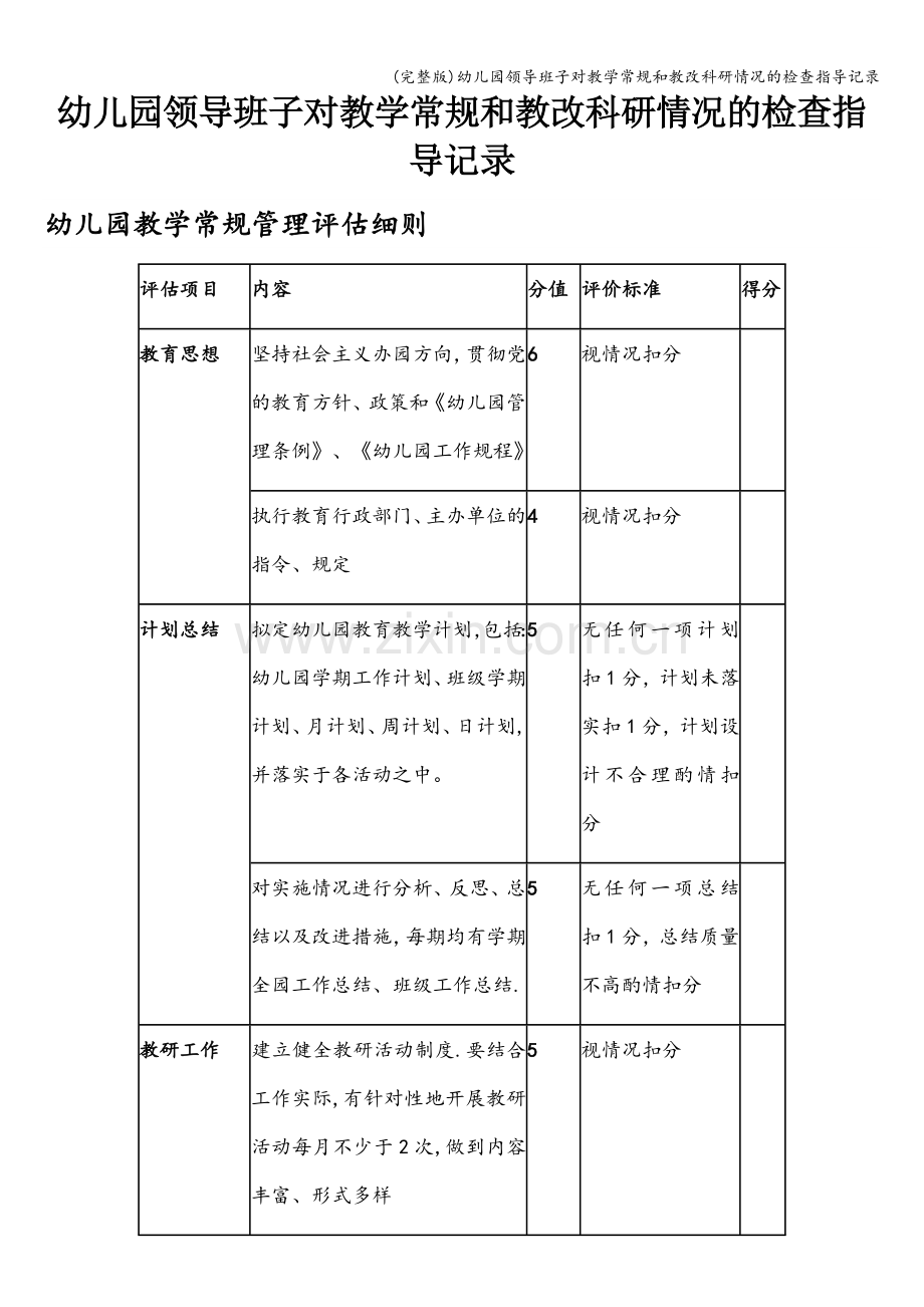 幼儿园领导班子对教学常规和教改科研情况的检查指导记录.doc_第1页