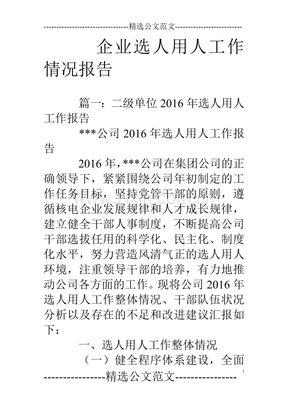 企业选人用人工作情况报告.doc_第1页