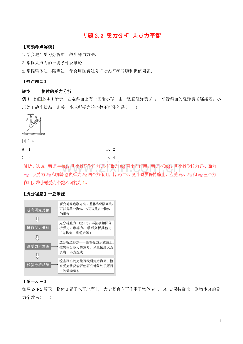 高考物理专题复习：受力分析-共点力平衡.doc_第1页