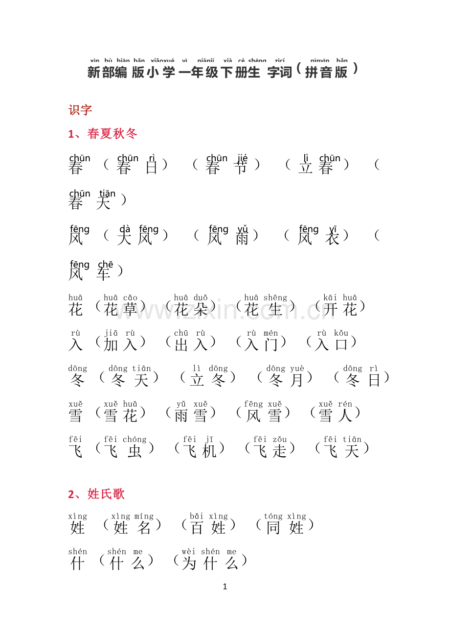 部编人教版小学语文一年级下生字词-拼音版.doc_第1页