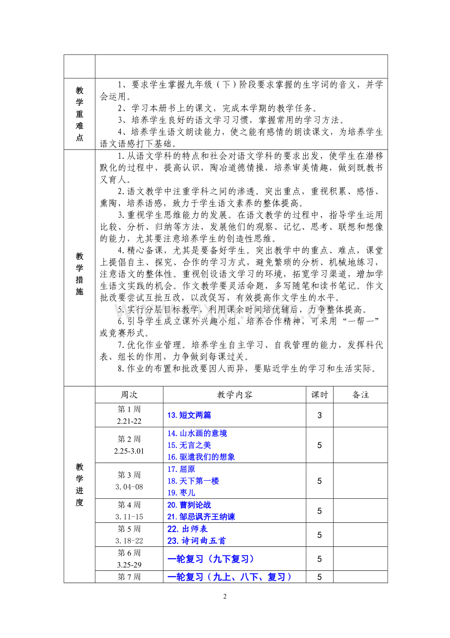 部编九年级语文(下)教学计划.doc_第2页