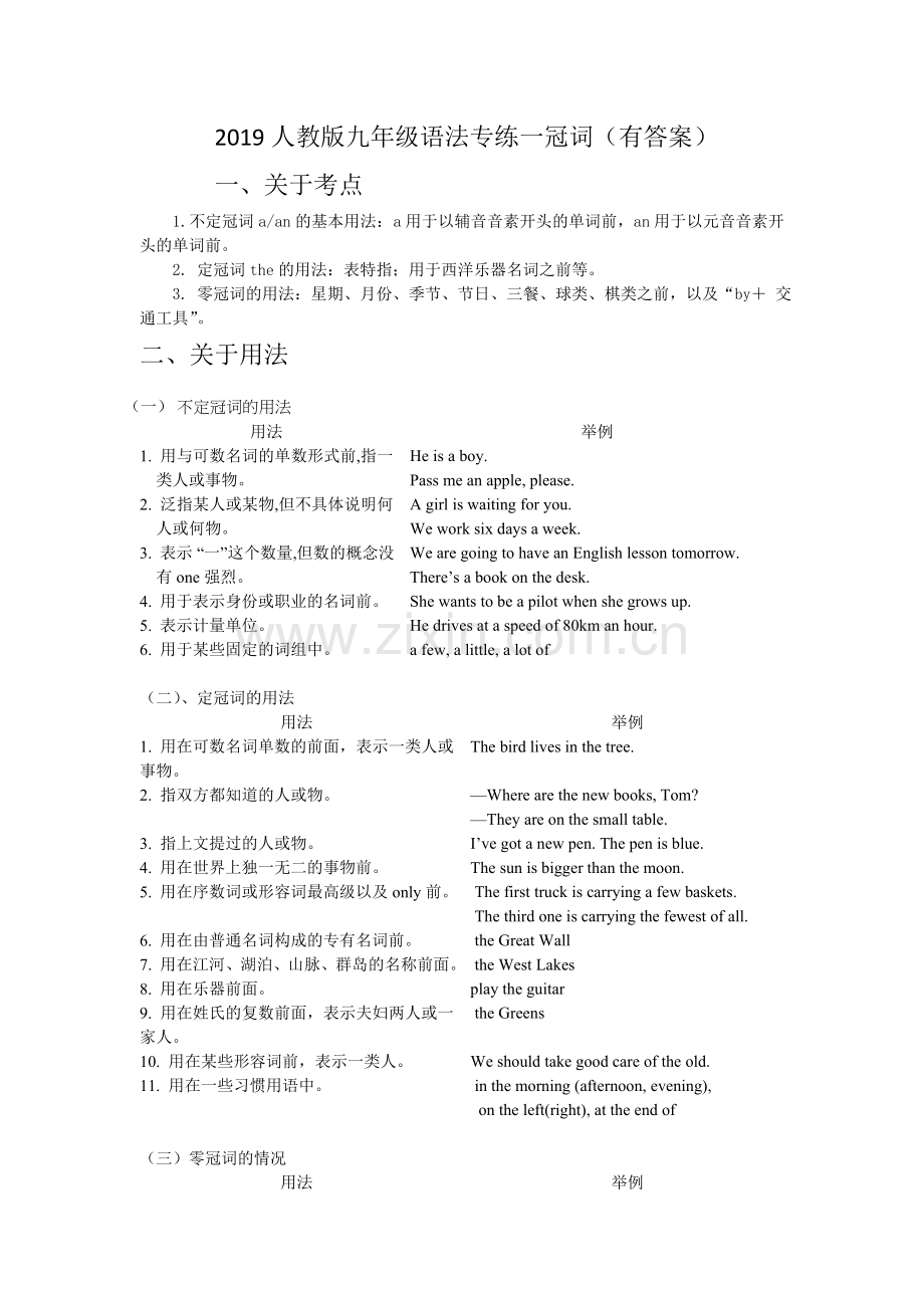 2019人教版九年级英语语法专练一冠词(有答案).doc_第1页