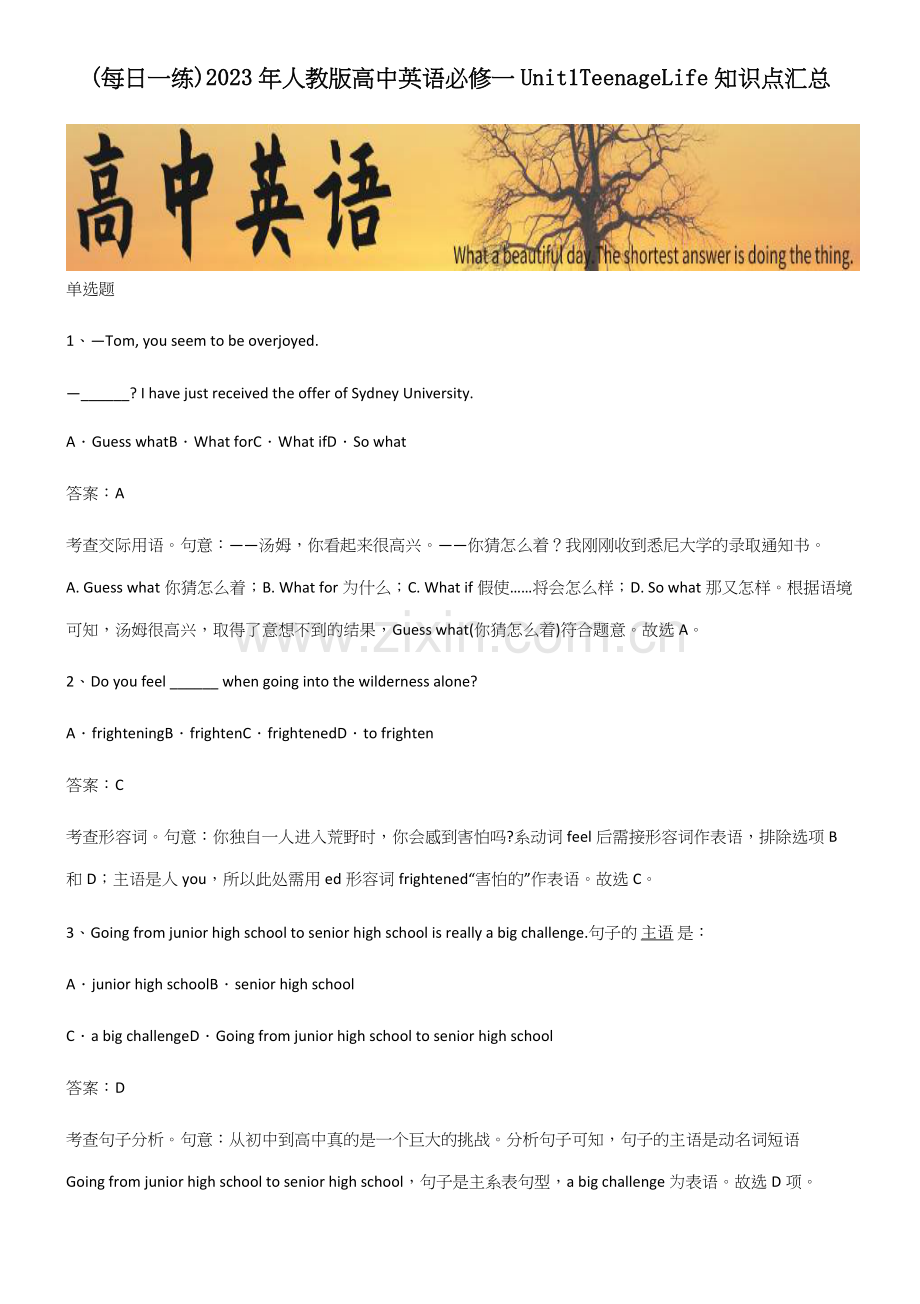 2023年人教版高中英语必修一Unit1TeenageLife知识点汇总.docx_第1页