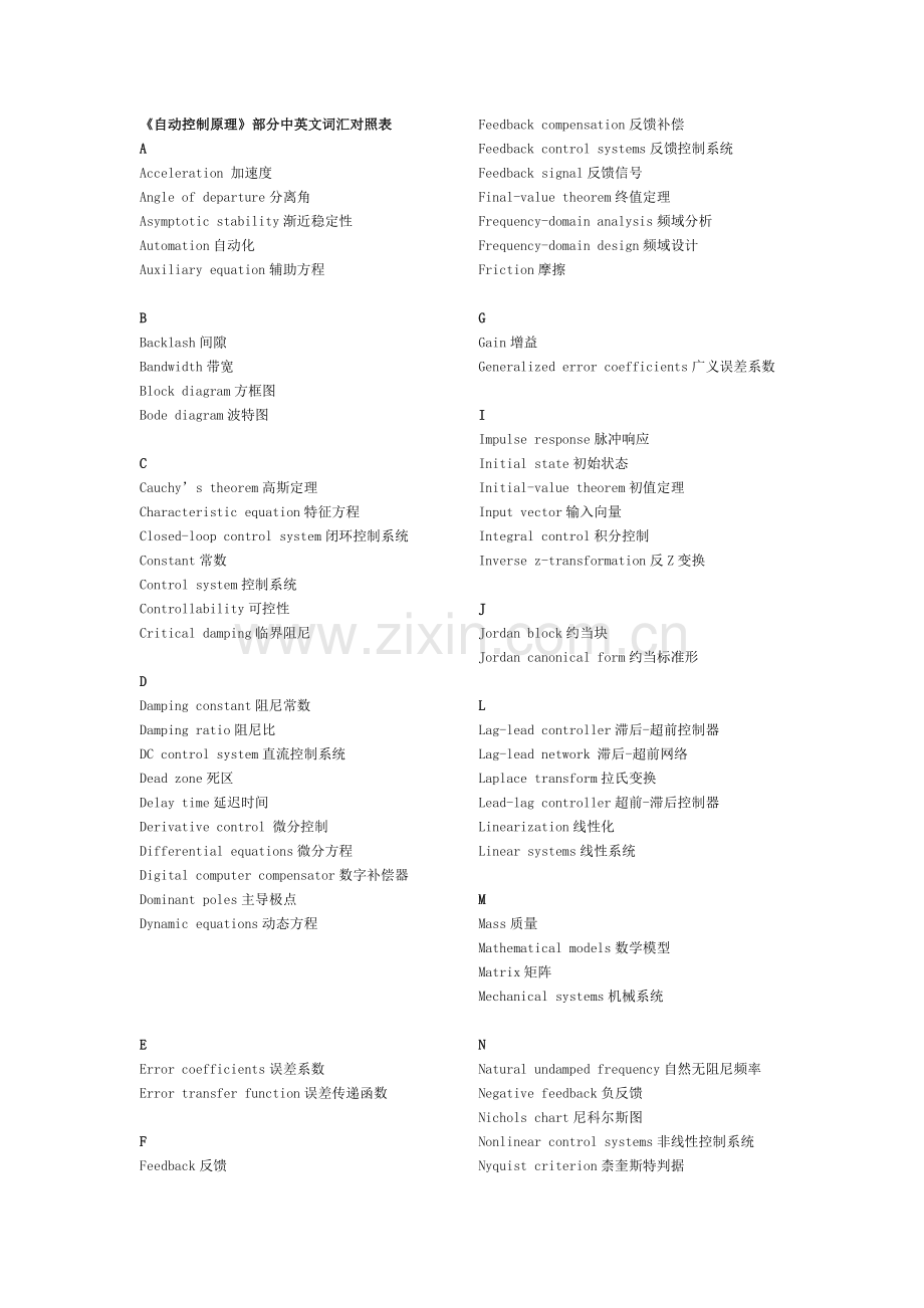 《自动控制原理》部分中英文词汇对照表(英文解释).doc_第1页