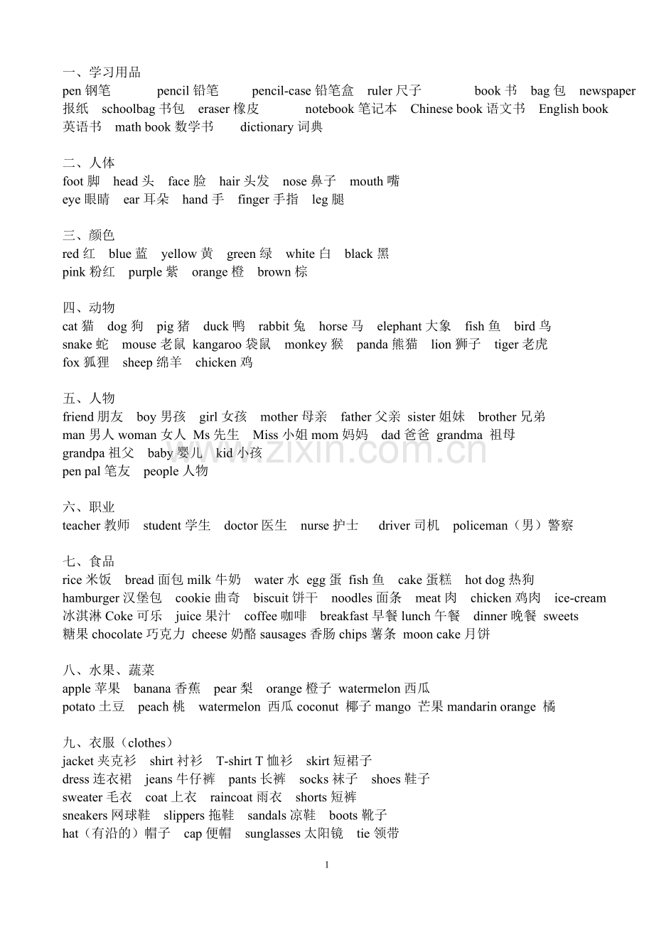 初一英语单词分类表(2).doc_第1页
