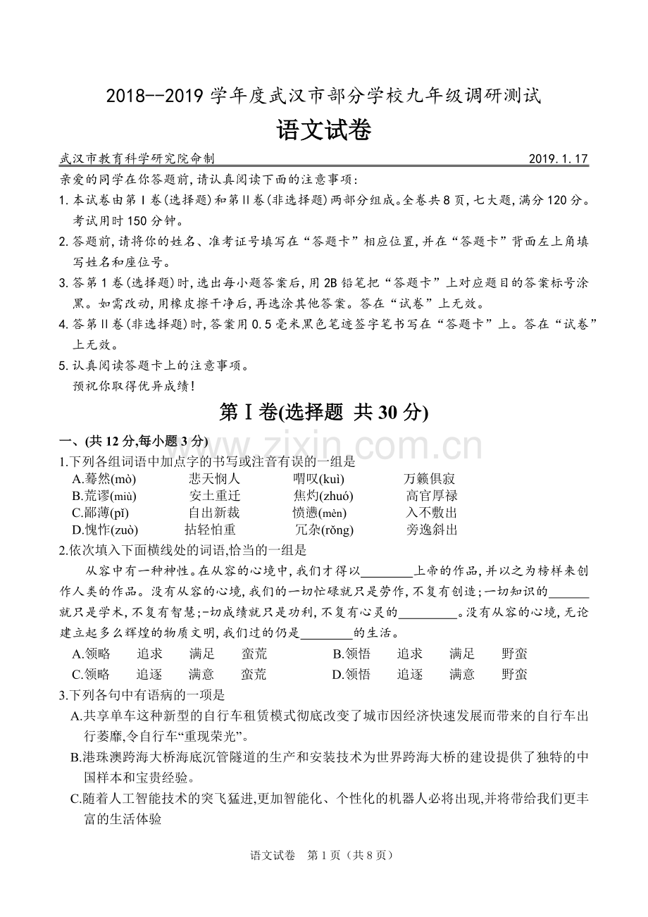 2018--2019学年度武汉市部分学校九年级元月调研测试语文试卷.doc_第1页