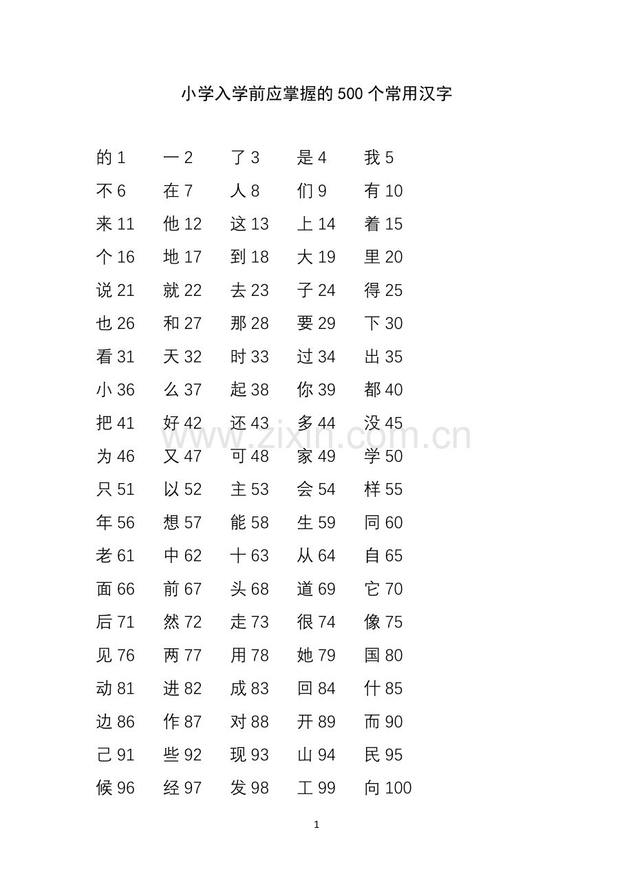 【幼小衔接】小学入学前应掌握的500个常用汉字.doc_第1页