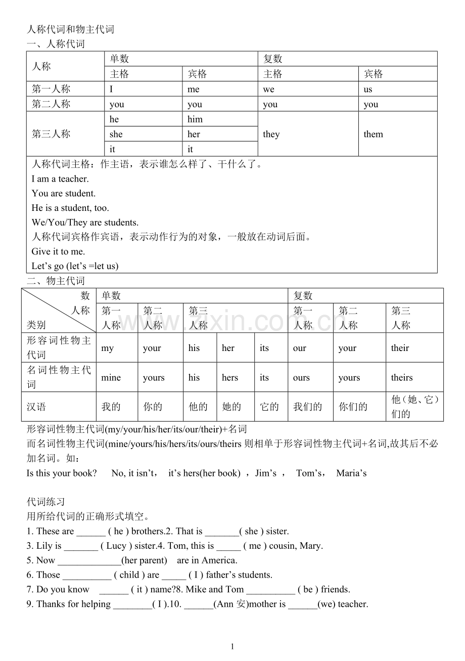 初一人称代词和物主代词练习(2).doc_第1页