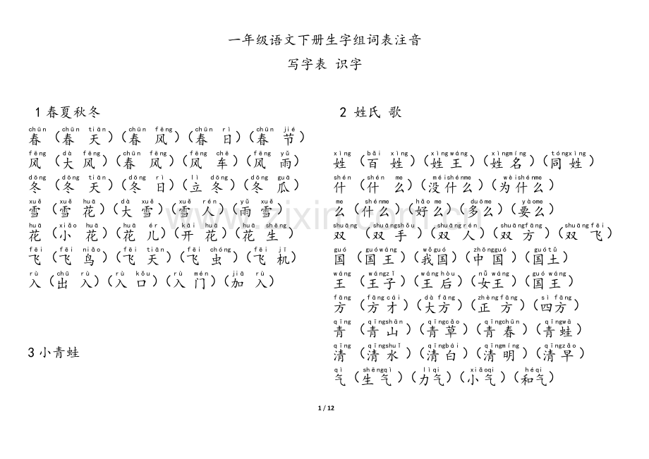 人教版部编版一年级语文下册生字表.doc_第1页