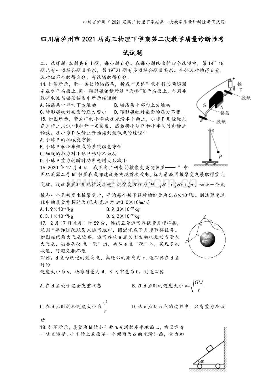 四川省泸州市2021届高三物理下学期第二次教学质量诊断性考试试题.doc_第2页