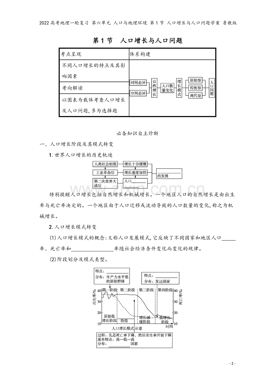 2022高考地理一轮复习-第六单元-人口与地理环境-第1节-人口增长与人口问题学案-鲁教版.docx_第2页