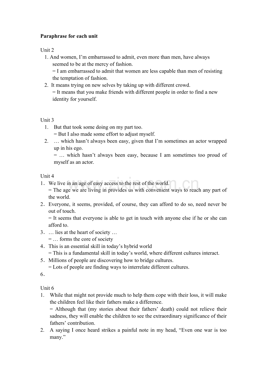 新世纪高等院校英语专业《综合教程2》各单元Paraphrase.doc_第1页
