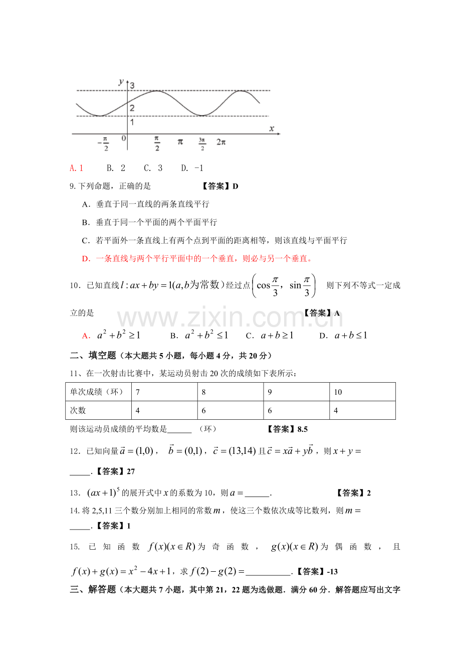湖南省2019年普通高等学校对口招生考试数学试题及参考答案.doc_第2页
