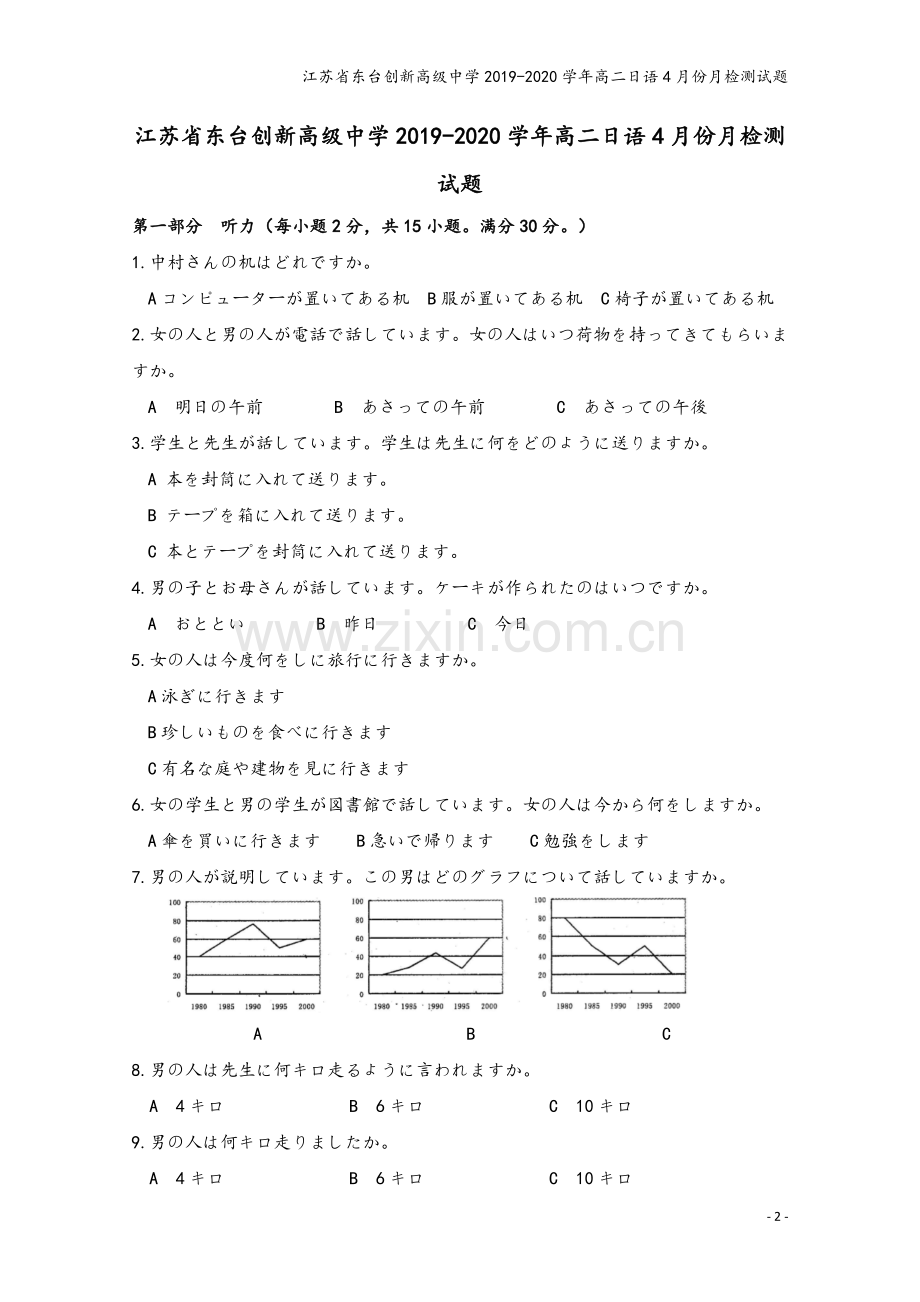 江苏省东台创新高级中学2019-2020学年高二日语4月份月检测试题.doc_第2页