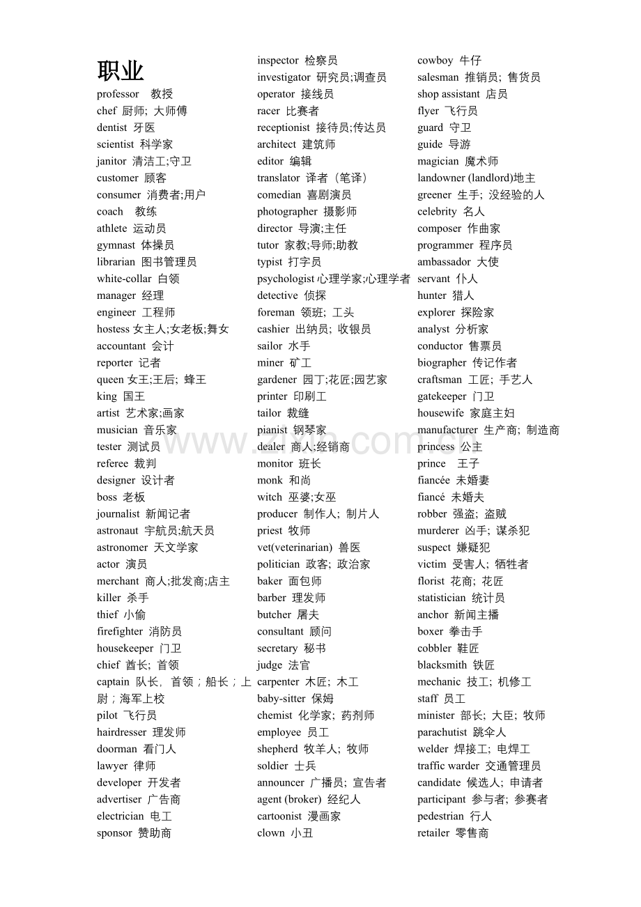 各种职业的英文名称.doc_第1页