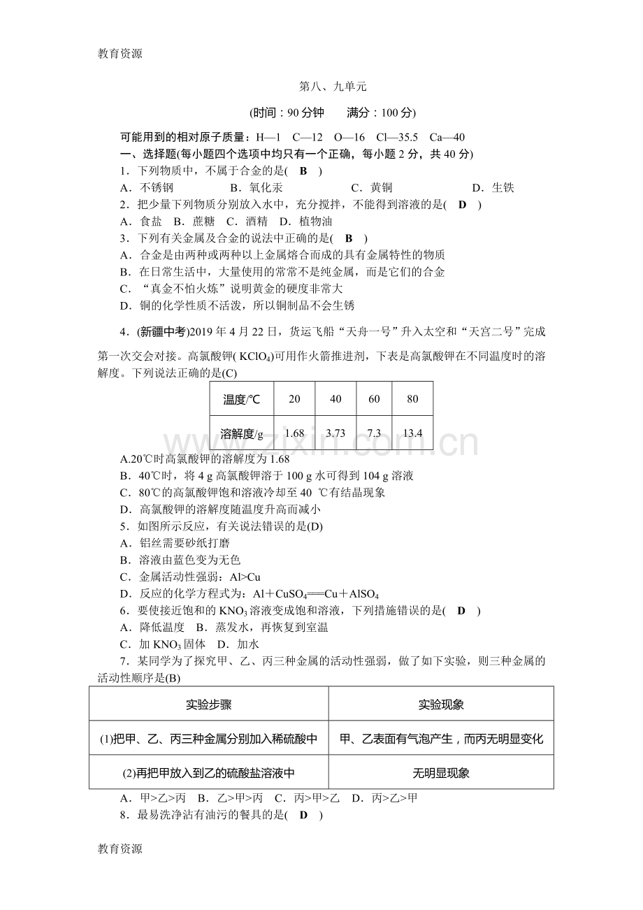 【教育资料】九年级化学人教版下册单元测试题第8、9单元学习专用.doc_第1页