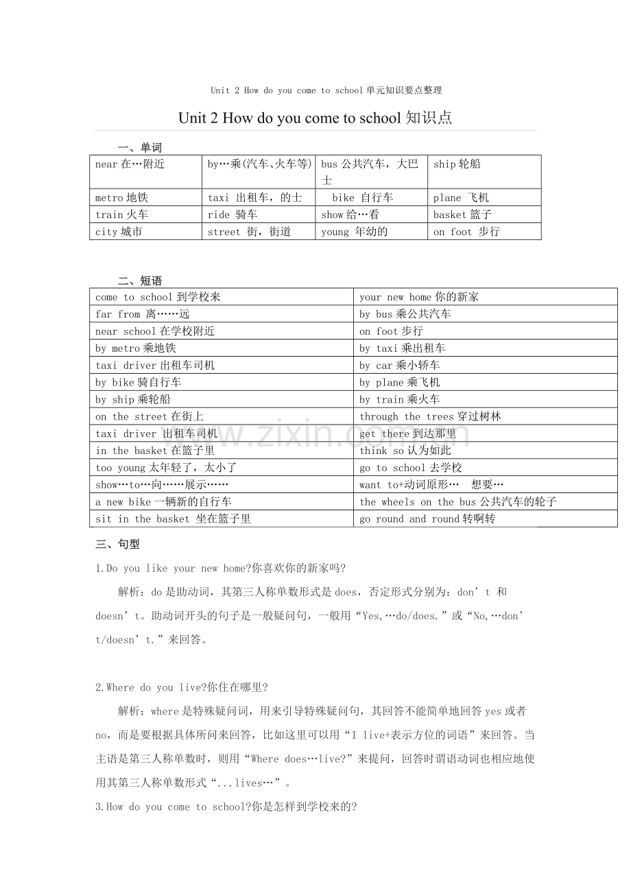 五下Unit2Howdoyoucometoschool单元知识要点整理.doc_第1页