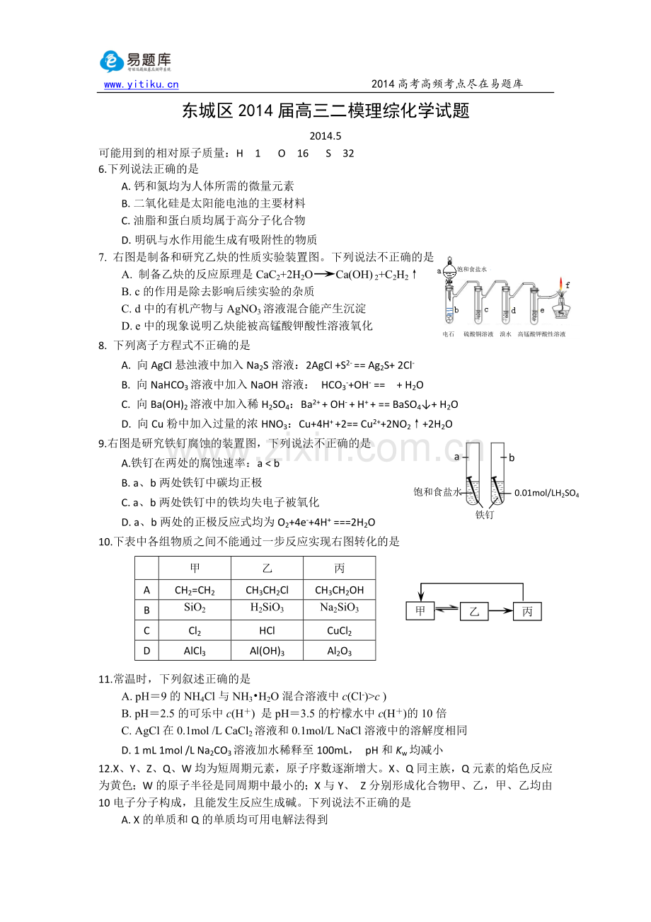 北京市东城区2014年高三二模化学试卷word版.doc_第1页