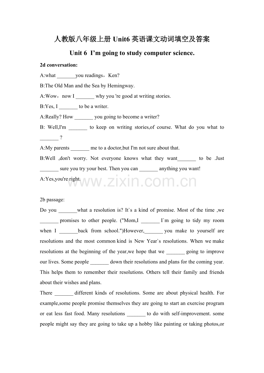 人教版八年级上册Unit6英语课文动词填空及答案.doc_第1页