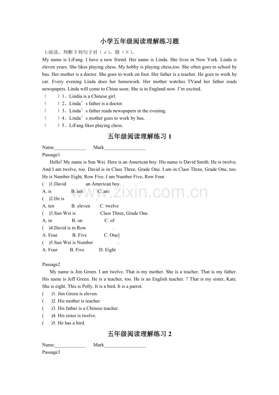五年级英语阅读理解练习题集锦(2).doc_第1页