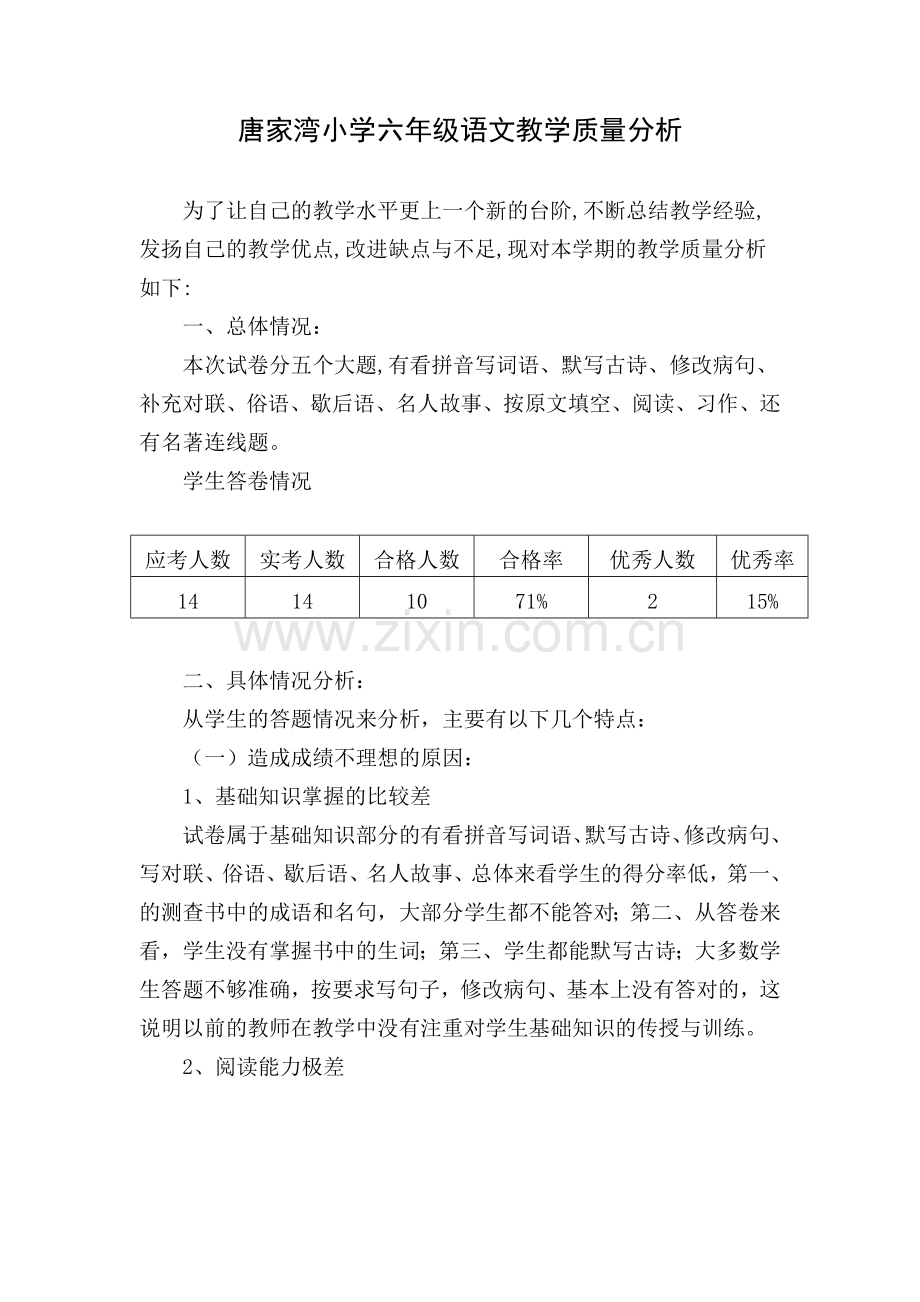 小学六年级语文教学质量分析.doc_第1页