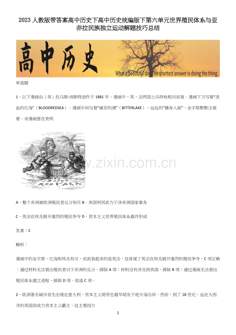 2023人教版带答案高中历史下高中历史统编版下第六单元世界殖民体系与亚非拉民族独立运动解题技巧总结.docx_第1页
