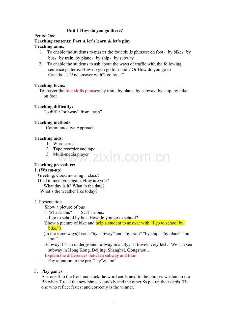 PEP小学英语六年级上册(全英)教案.doc_第1页