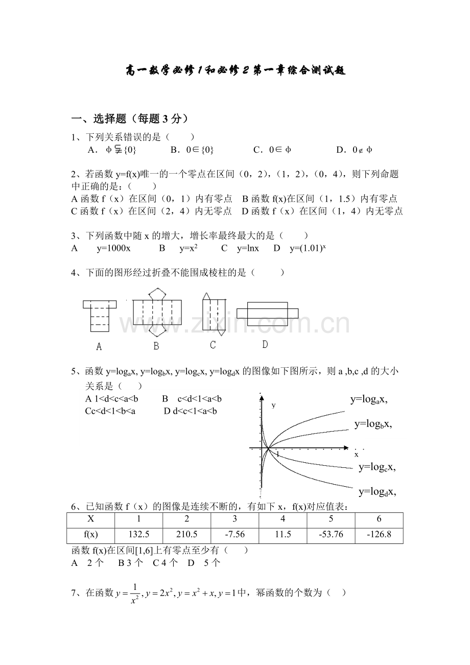 高一数学必修1和必修2第一章综合测试题.doc_第1页
