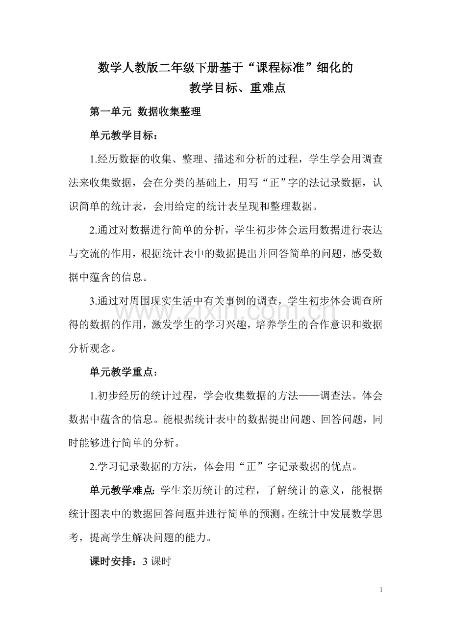 人教版数学二年级下册教学目标重难点.doc_第1页