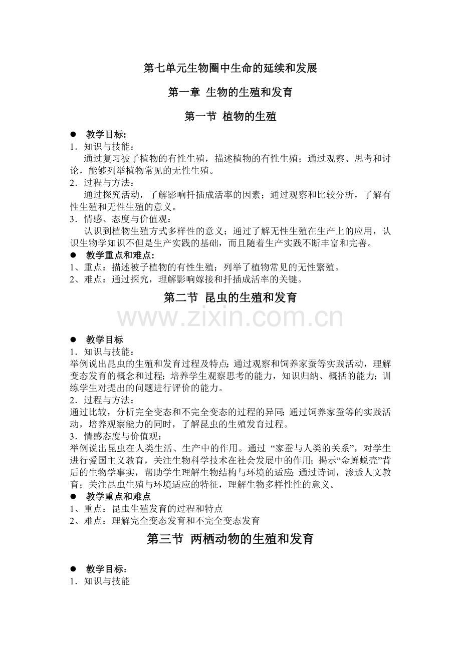 八年级生物下册三维目标及重难点.doc_第1页