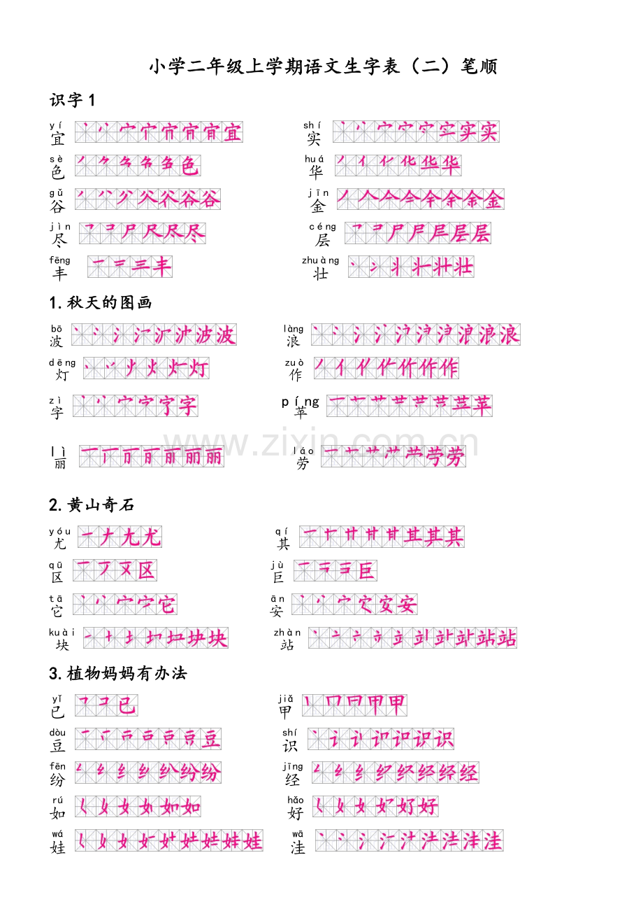 人教版二年级上册生字表(二)笔顺(正确版、可打印).doc_第1页
