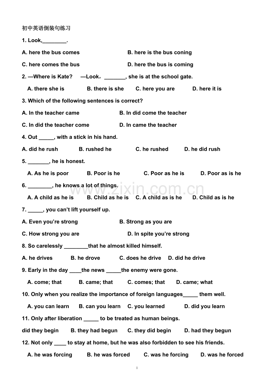 初中英语倒装句练习题-超级有用.doc_第1页