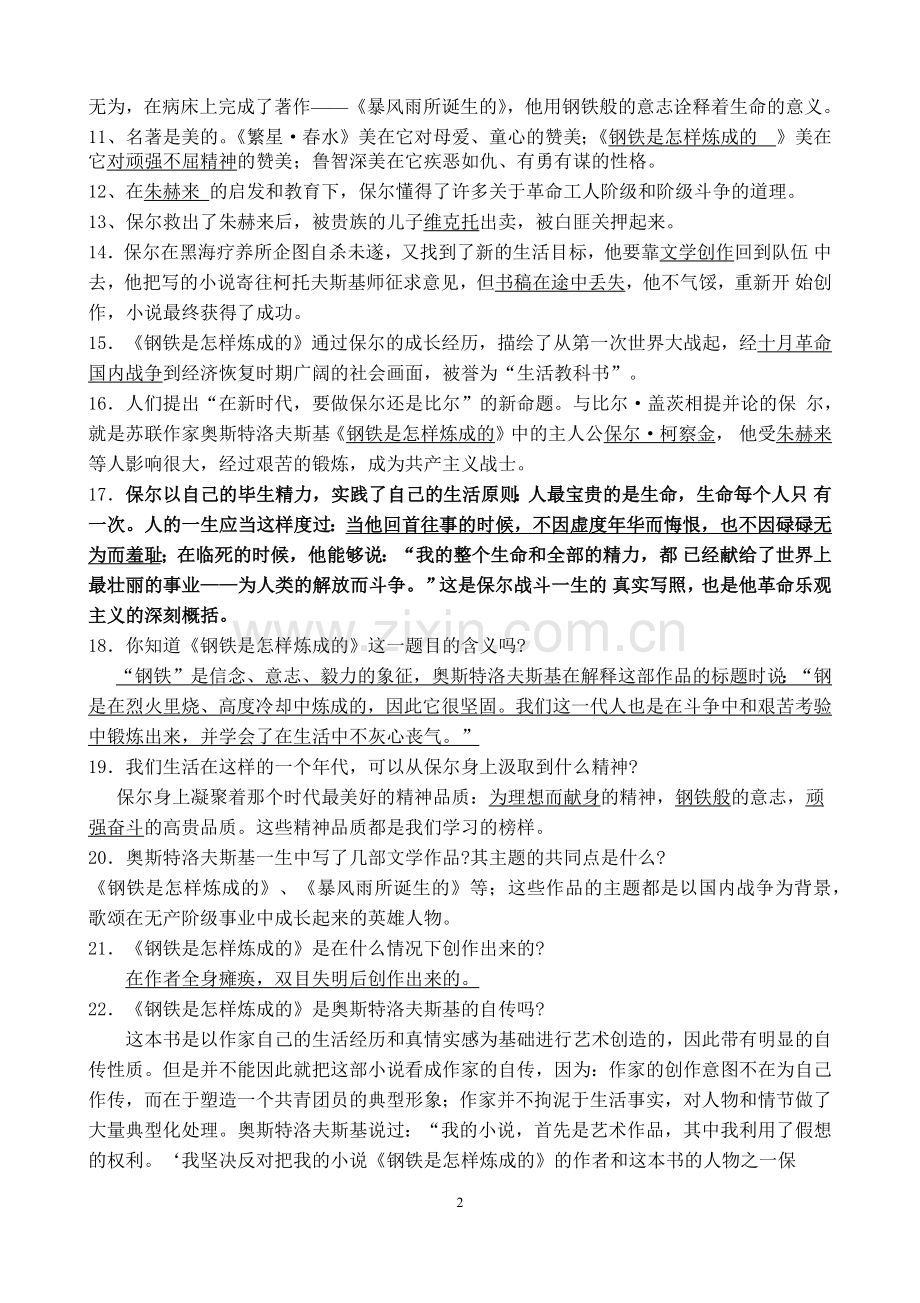 《钢铁是怎样炼成的》课外阅读测试题(附答案).doc_第2页