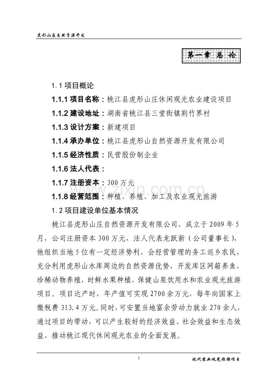 桃江县虎形山庄休闲观光农业建设项目可行性研究报告.doc_第1页