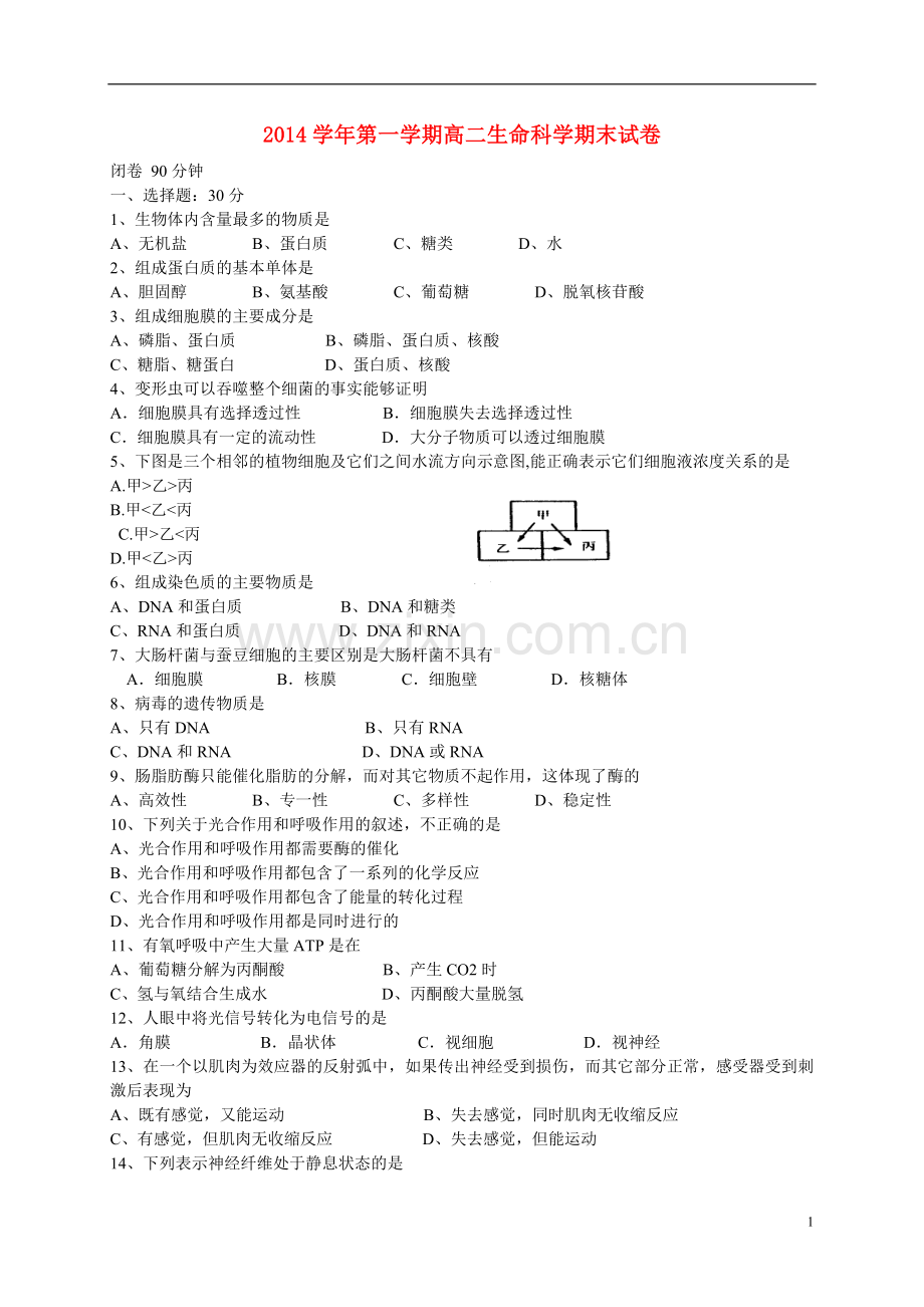 高二生物上学期期末考试试题沪科版.doc_第1页