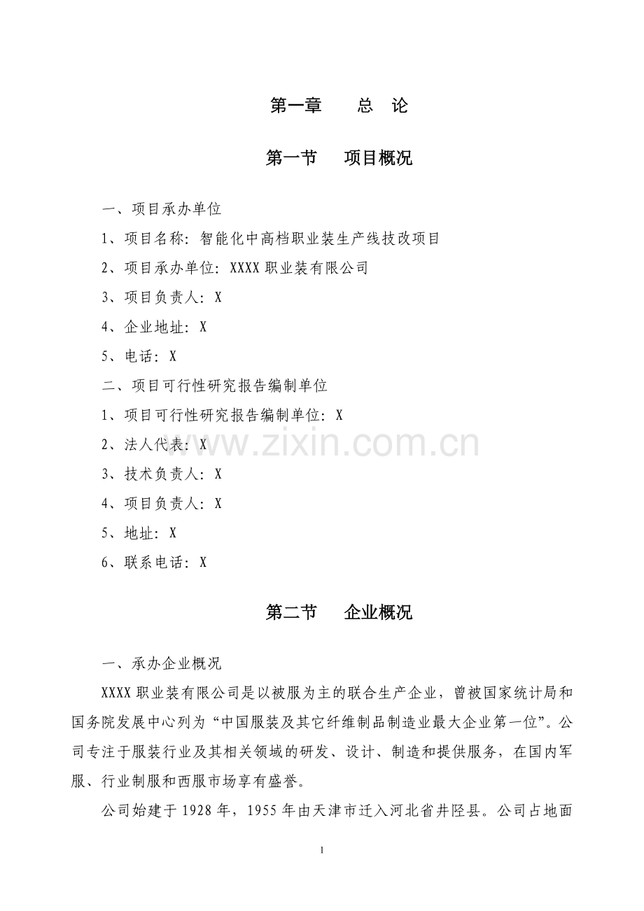 智能化中高档职业装生产线技改项目申请立项可行性研究报告.doc_第1页