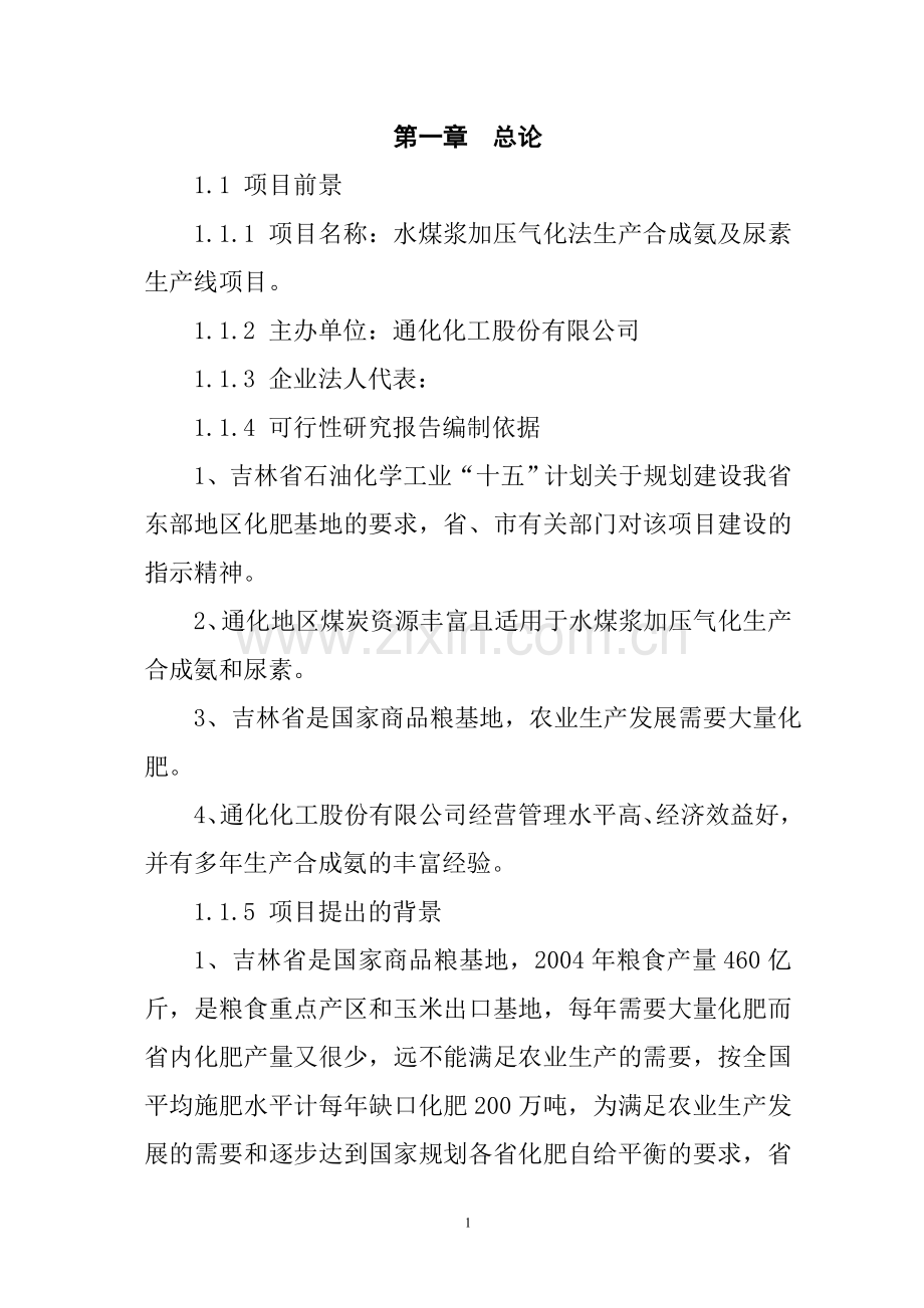 水煤浆加压气化法生产合成氨及尿素生产线项目可行性论证报告.doc_第1页