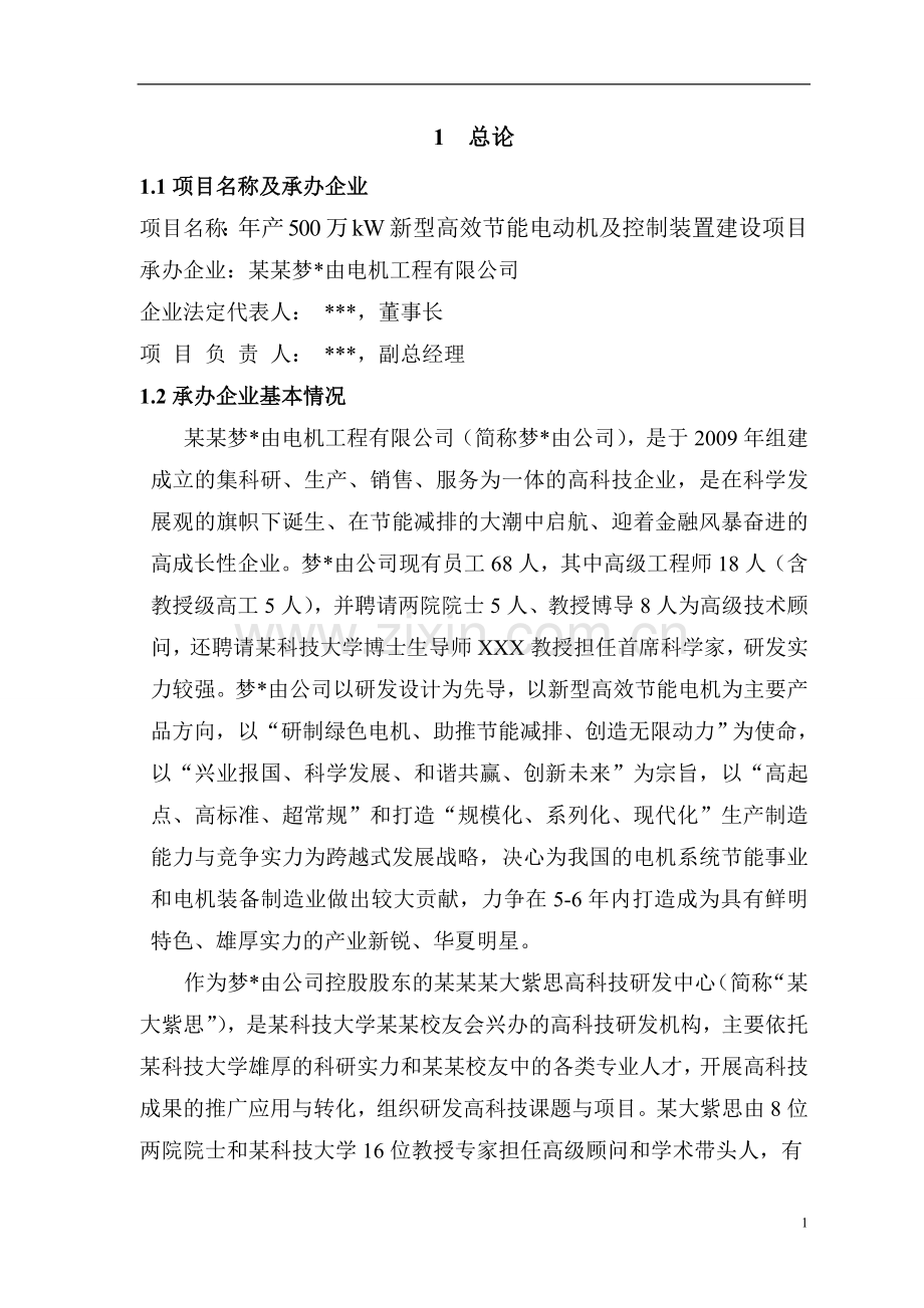 新型高效节能电动机及控制装置建设项目可行性论证报告.doc_第1页
