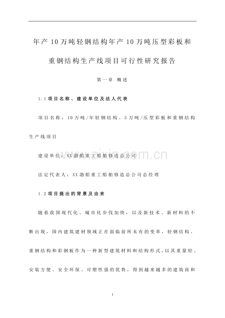 年产10万吨轻钢结构年产10万吨压型彩板和重钢结构生产线项目可行性论证报告.doc_第1页
