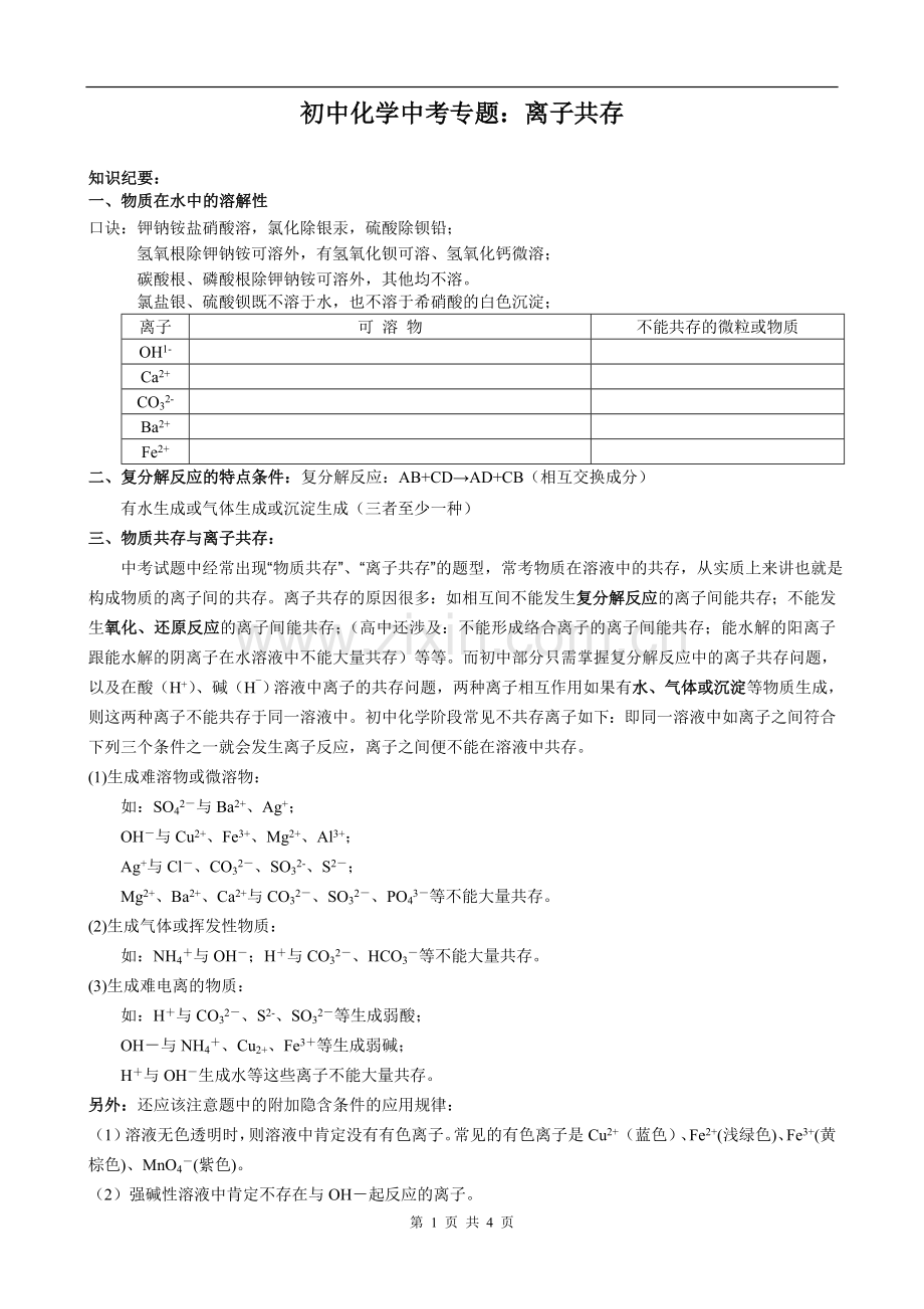 初三化学专题：离子共存.doc_第1页