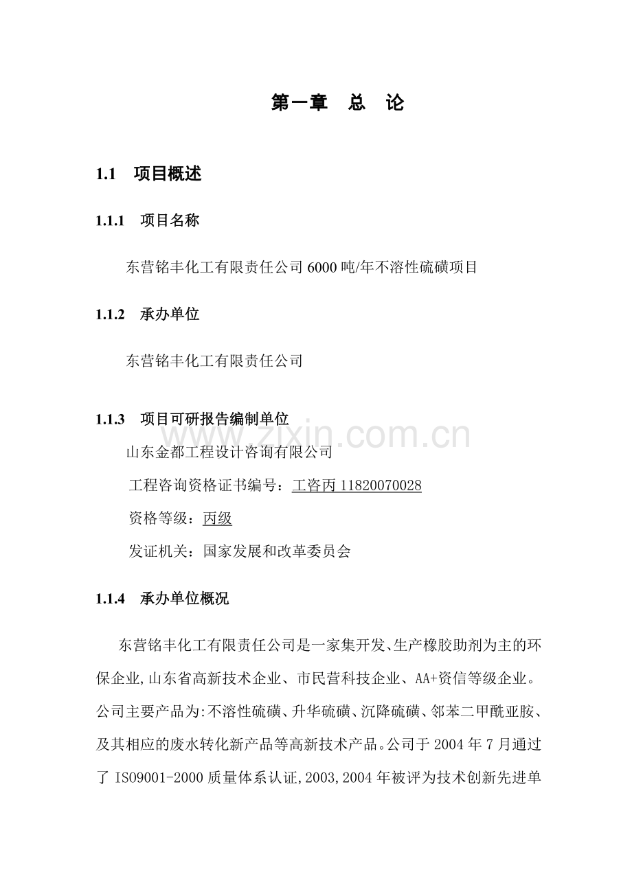 东营铭丰化工有限责任公司年6000吨不溶性硫磺可行性策划书.doc_第1页