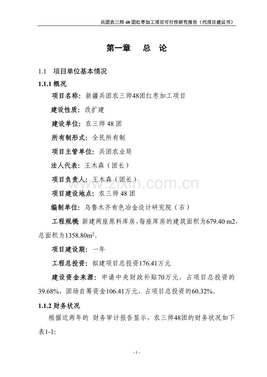 农业综合开发48团红枣加工项目投资可行性研究论证报告.doc_第1页