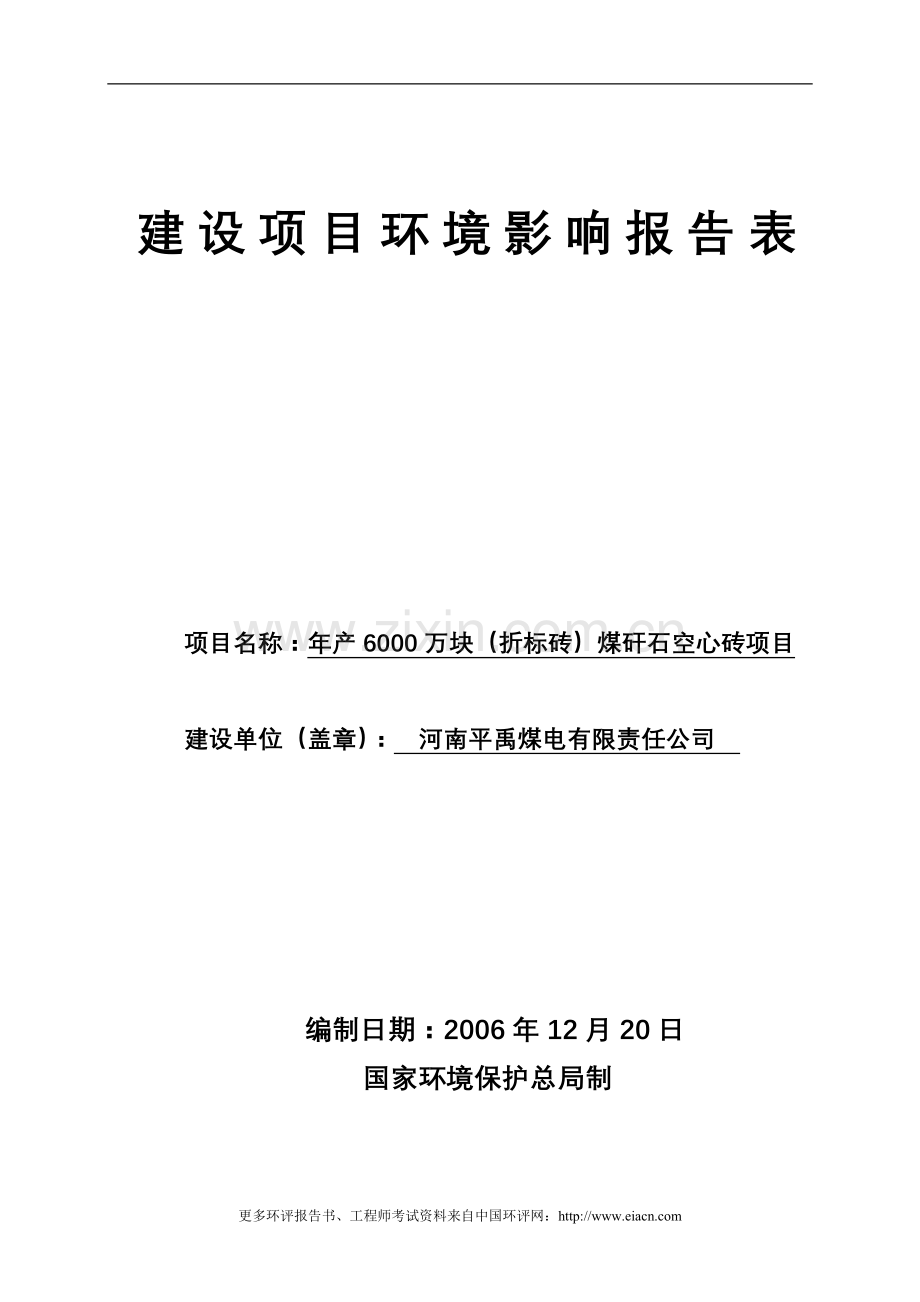 年产6000万块(折标砖)煤矸石空心砖建设环境评估报告.doc_第1页