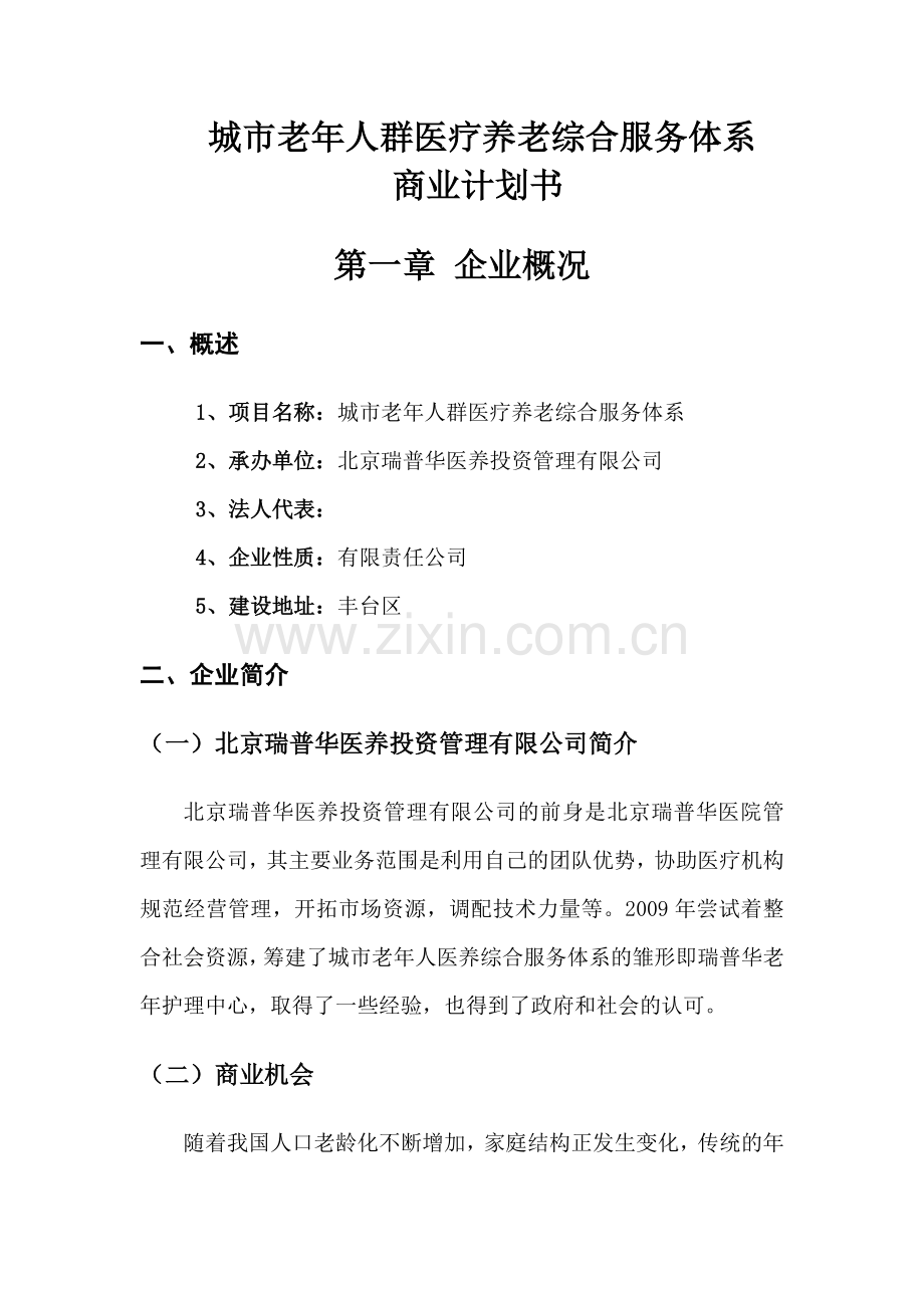 城市老年人医疗养老综合服务体系项目商业计划书.doc_第1页
