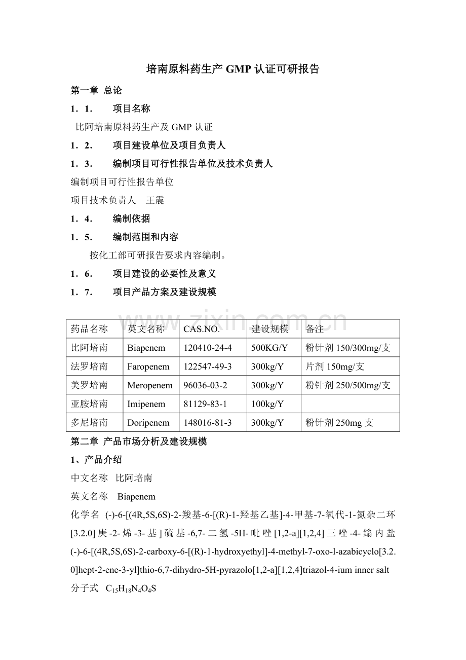 培南原料药生产gmp认证可行性研究报告.doc_第1页